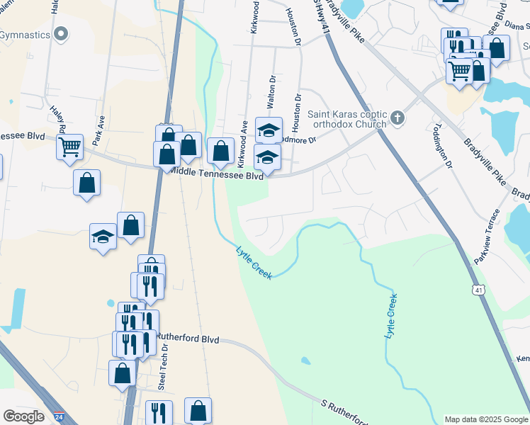 map of restaurants, bars, coffee shops, grocery stores, and more near 1150 Middle Tennessee Boulevard in Murfreesboro
