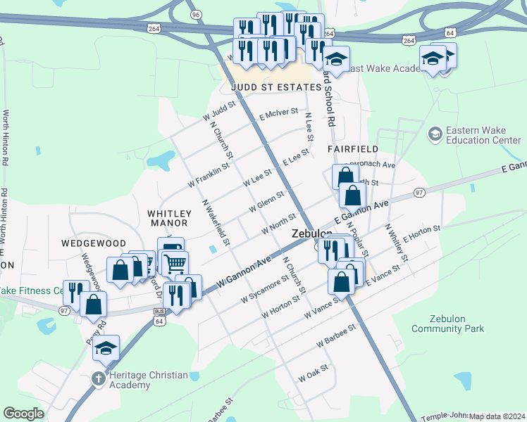 map of restaurants, bars, coffee shops, grocery stores, and more near 119 West Glenn Street in Zebulon