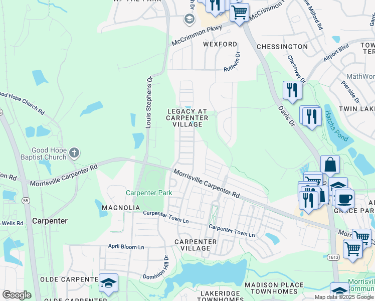 map of restaurants, bars, coffee shops, grocery stores, and more near 304 Minton Valley Lane in Cary