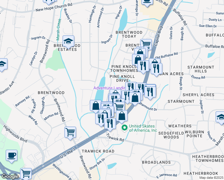 map of restaurants, bars, coffee shops, grocery stores, and more near 3208 Huntleigh Drive in Raleigh