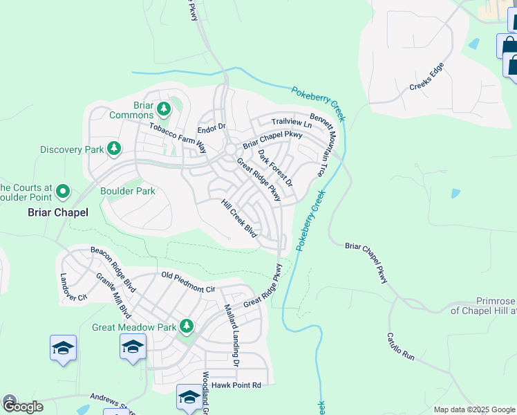 map of restaurants, bars, coffee shops, grocery stores, and more near 112 Harlow Bend in Chapel Hill