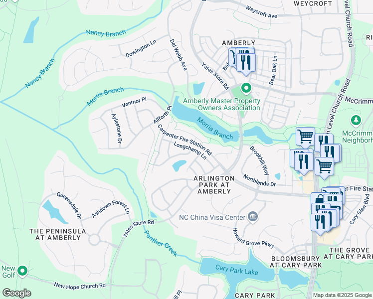 map of restaurants, bars, coffee shops, grocery stores, and more near 311 Longchamp Lane in Cary