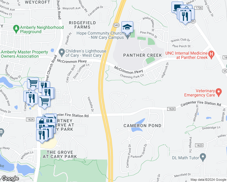 map of restaurants, bars, coffee shops, grocery stores, and more near 2725 Cameron Pond Drive in Cary