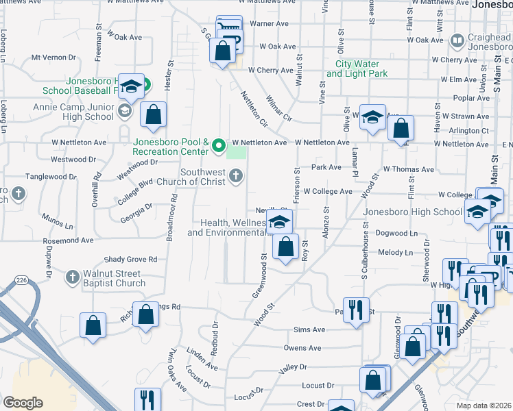 map of restaurants, bars, coffee shops, grocery stores, and more near 1100 James Cove in Jonesboro