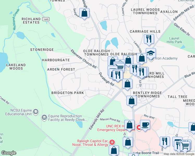 map of restaurants, bars, coffee shops, grocery stores, and more near 3618 Mill Run in Raleigh