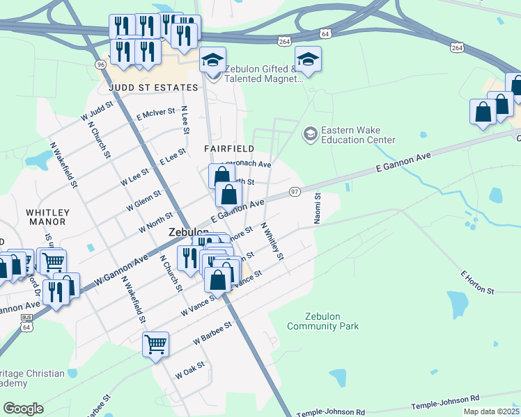map of restaurants, bars, coffee shops, grocery stores, and more near 305 East Gannon Avenue in Zebulon