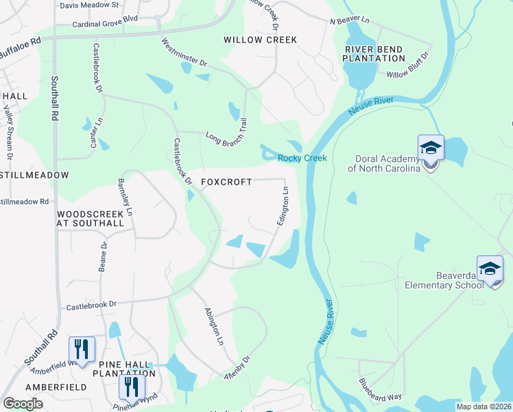 map of restaurants, bars, coffee shops, grocery stores, and more near 5320 Edington Lane in Raleigh