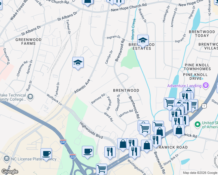 map of restaurants, bars, coffee shops, grocery stores, and more near 3205 Barker Place in Raleigh