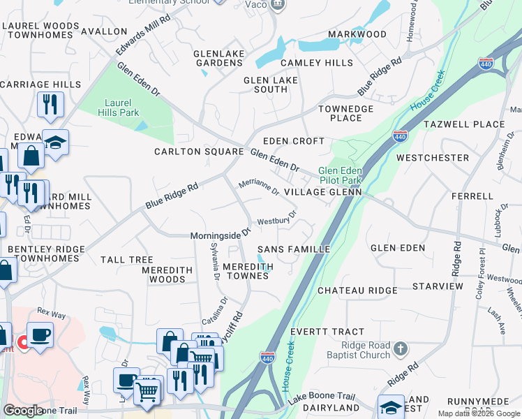 map of restaurants, bars, coffee shops, grocery stores, and more near 3117 Morningside Drive in Raleigh