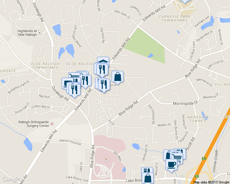 map of restaurants, bars, coffee shops, grocery stores, and more near 3513 Edgemont Drive in Raleigh