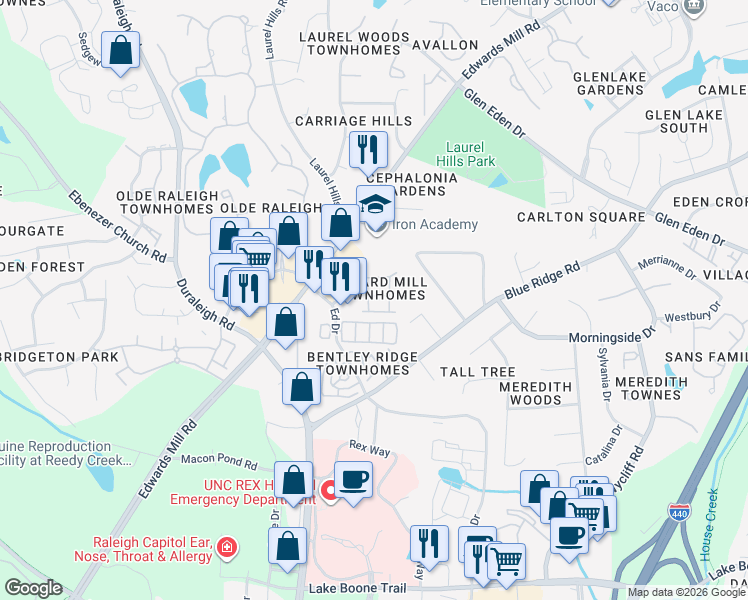 map of restaurants, bars, coffee shops, grocery stores, and more near 3513 Edgemont Drive in Raleigh