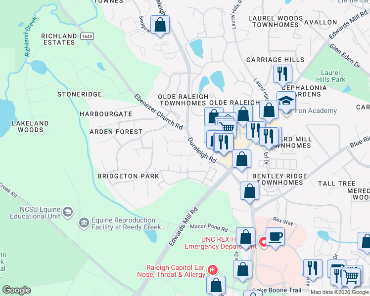 map of restaurants, bars, coffee shops, grocery stores, and more near 3618 Mill Run in Raleigh