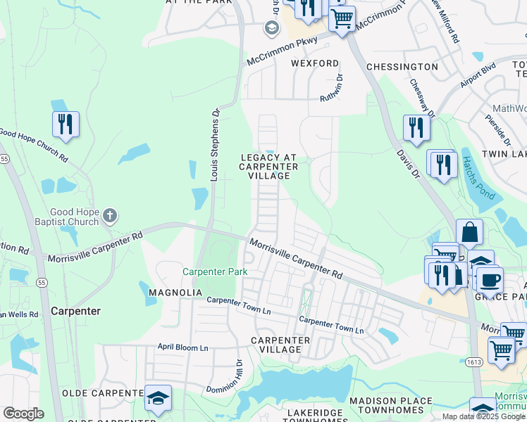 map of restaurants, bars, coffee shops, grocery stores, and more near 308 Minton Valley Lane in Cary