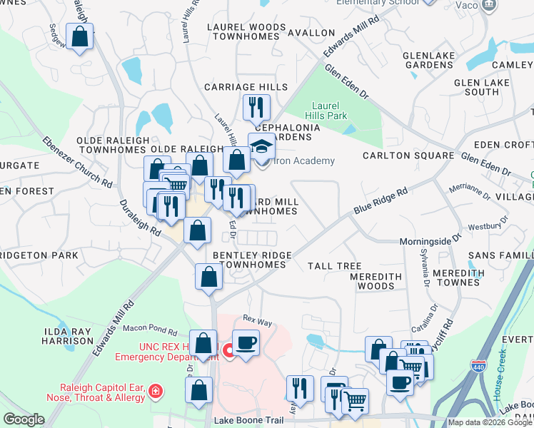 map of restaurants, bars, coffee shops, grocery stores, and more near 3513 Edgemont Drive in Raleigh