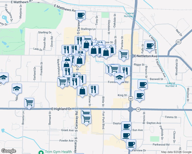 map of restaurants, bars, coffee shops, grocery stores, and more near 1610 Stone Street in Jonesboro