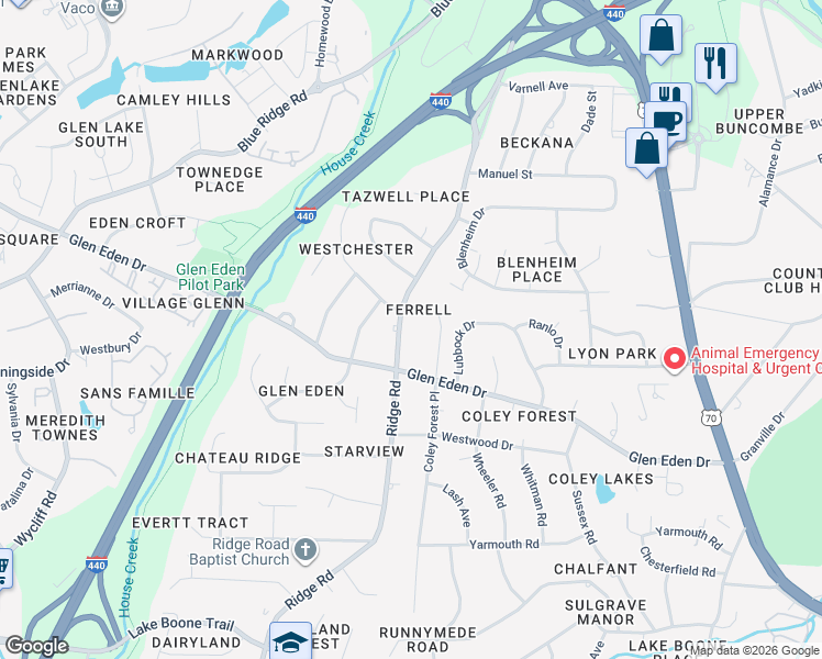 map of restaurants, bars, coffee shops, grocery stores, and more near 2412 Ridge Road in Raleigh