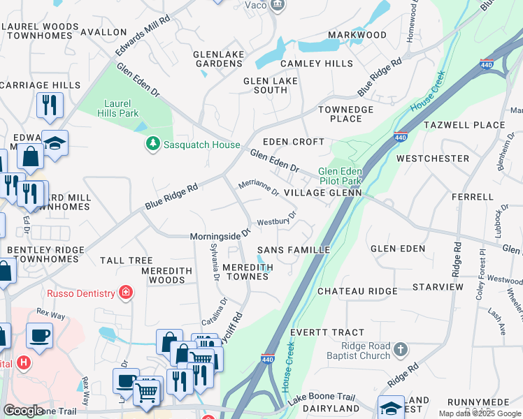 map of restaurants, bars, coffee shops, grocery stores, and more near 3117 Morningside Drive in Raleigh