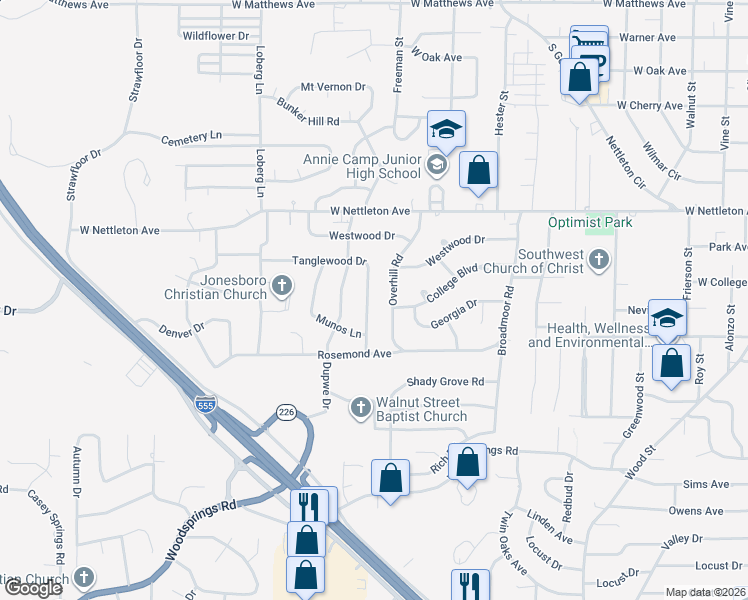 map of restaurants, bars, coffee shops, grocery stores, and more near 1513 Overhill Road in Jonesboro