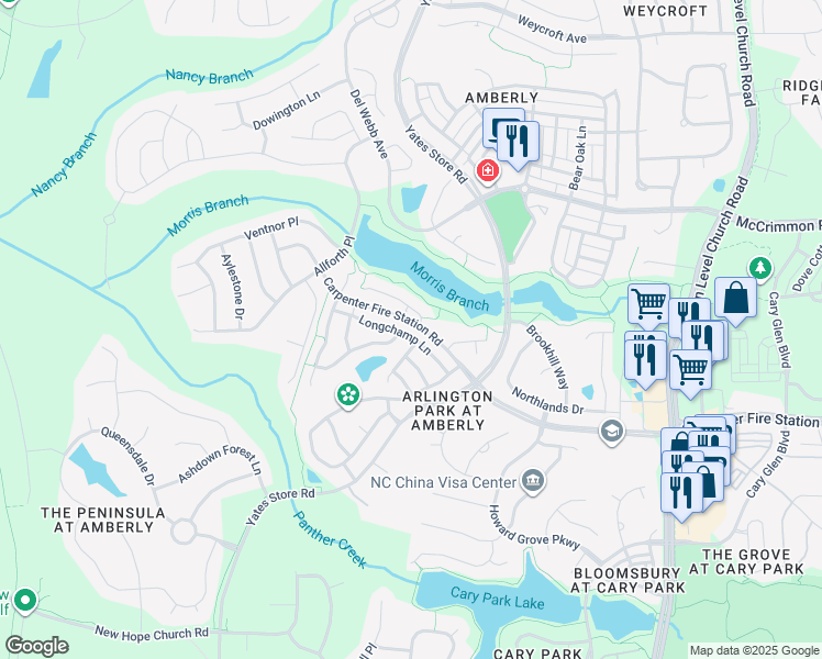 map of restaurants, bars, coffee shops, grocery stores, and more near 1816 Amberly Ledge Way in Cary