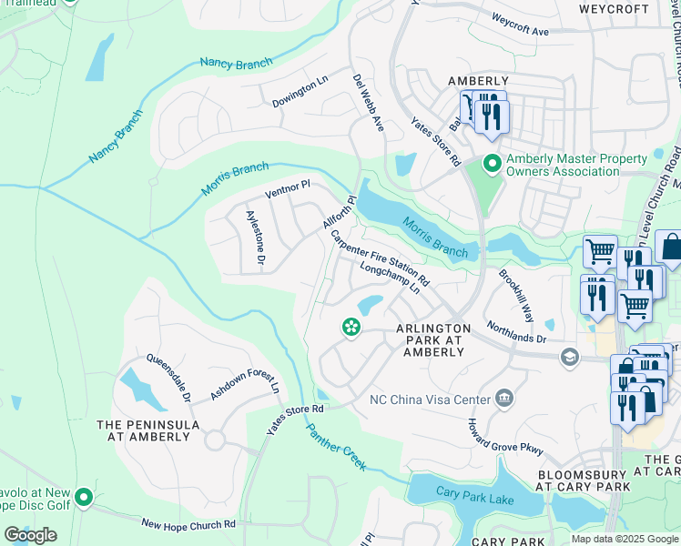 map of restaurants, bars, coffee shops, grocery stores, and more near 1735 Whirlaway Court in Cary