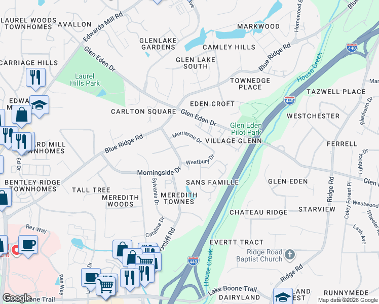 map of restaurants, bars, coffee shops, grocery stores, and more near 3117 Morningside Drive in Raleigh
