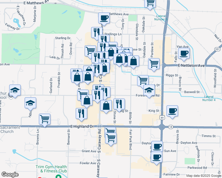 map of restaurants, bars, coffee shops, grocery stores, and more near 1607 Stone Street in Jonesboro
