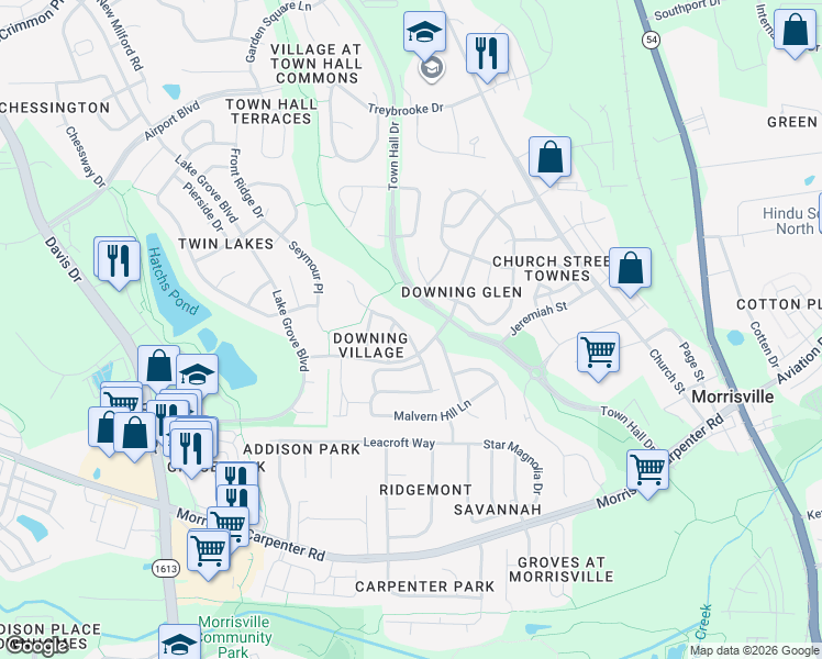map of restaurants, bars, coffee shops, grocery stores, and more near 300 Plank Bridge Way in Morrisville