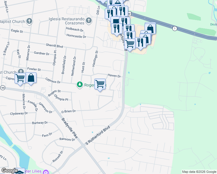 map of restaurants, bars, coffee shops, grocery stores, and more near 2315 Richmond Avenue in Murfreesboro