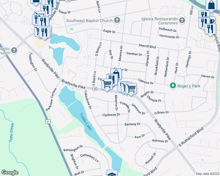 map of restaurants, bars, coffee shops, grocery stores, and more near 1614 Cypress Drive in Murfreesboro