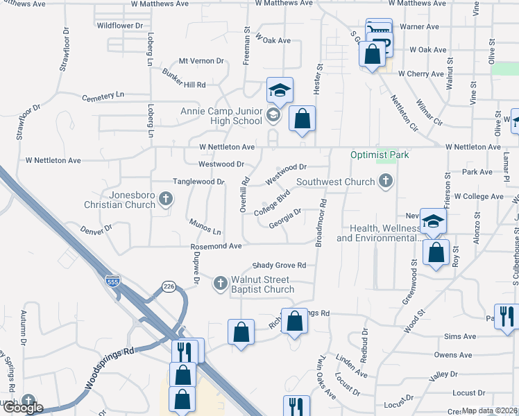 map of restaurants, bars, coffee shops, grocery stores, and more near 1814 College Cove in Jonesboro