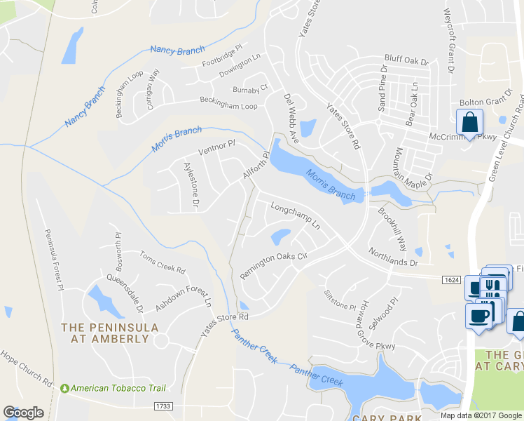 map of restaurants, bars, coffee shops, grocery stores, and more near 1814 Affirmed Way in Cary
