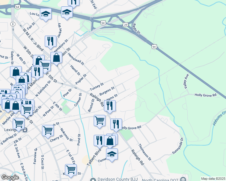 map of restaurants, bars, coffee shops, grocery stores, and more near 517 Burgess Street in Lexington