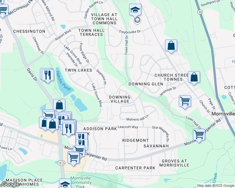 map of restaurants, bars, coffee shops, grocery stores, and more near 617 Beech Hanger Drive in Morrisville