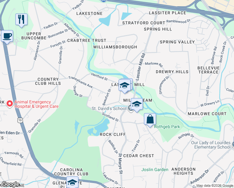 map of restaurants, bars, coffee shops, grocery stores, and more near 3213 Northampton Street in Raleigh