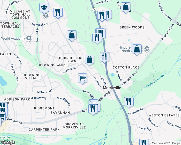 map of restaurants, bars, coffee shops, grocery stores, and more near 308 Church Street in Morrisville