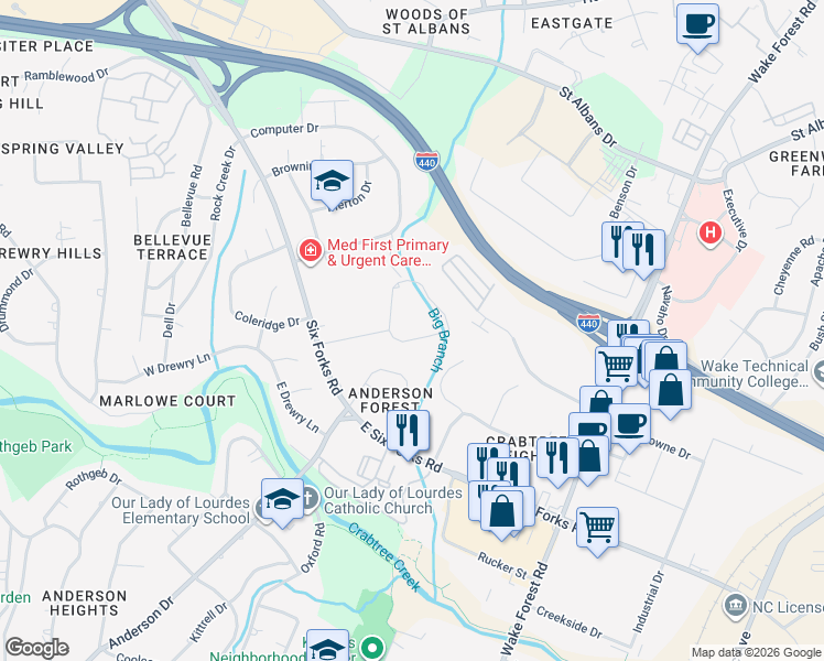 map of restaurants, bars, coffee shops, grocery stores, and more near 3300 Cheswick Drive in Raleigh