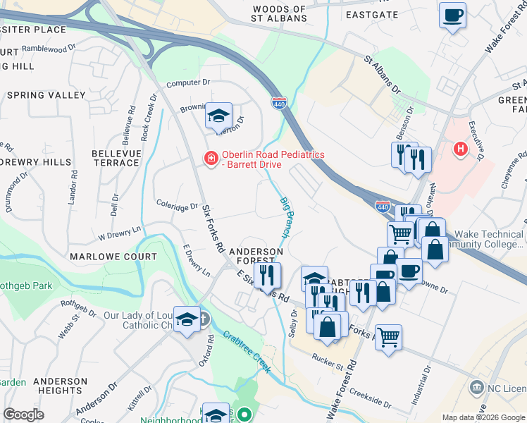 map of restaurants, bars, coffee shops, grocery stores, and more near 3300 Cheswick Drive in Raleigh