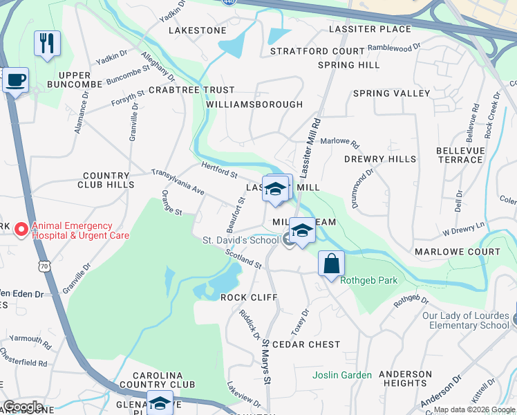 map of restaurants, bars, coffee shops, grocery stores, and more near 3213 Northampton Street in Raleigh
