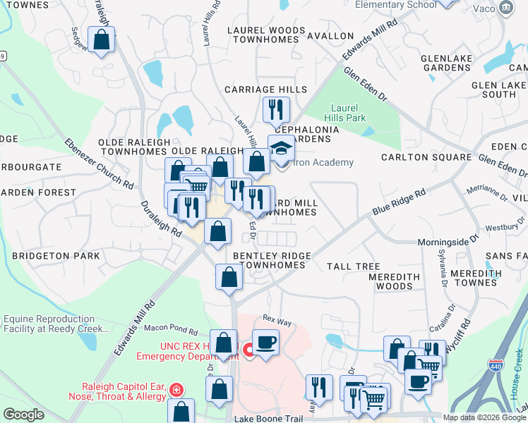 map of restaurants, bars, coffee shops, grocery stores, and more near 4128 Earl Grey Court in Raleigh
