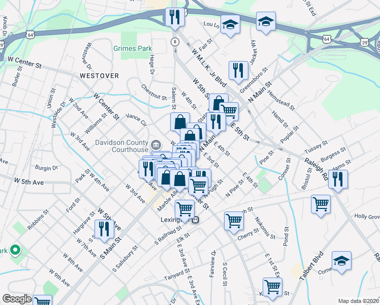 map of restaurants, bars, coffee shops, grocery stores, and more near 222 North Main Street in Lexington