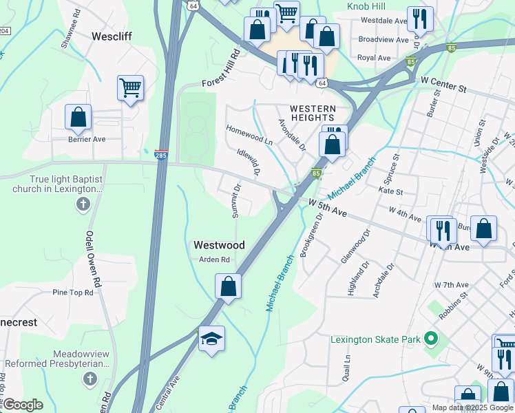 map of restaurants, bars, coffee shops, grocery stores, and more near in Lexington