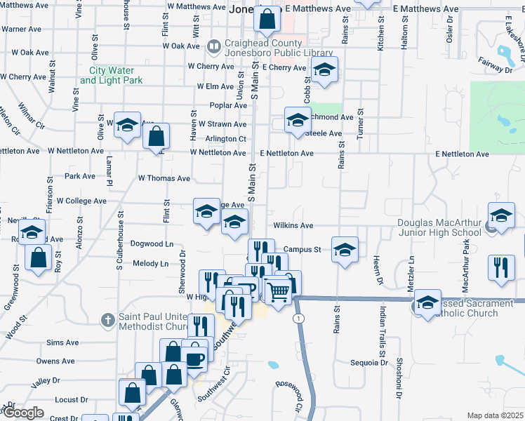 map of restaurants, bars, coffee shops, grocery stores, and more near 1522 South Main Street in Jonesboro
