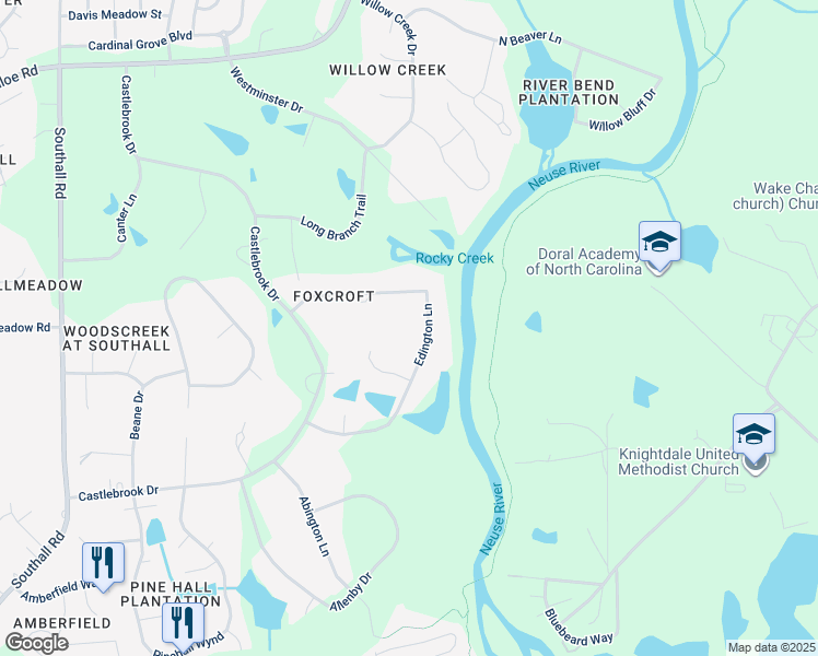 map of restaurants, bars, coffee shops, grocery stores, and more near 5404 Edington Lane in Raleigh
