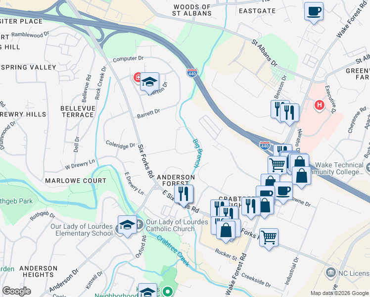 map of restaurants, bars, coffee shops, grocery stores, and more near 3300 Cheswick Drive in Raleigh