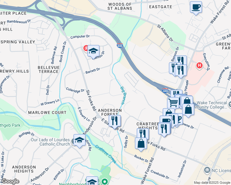 map of restaurants, bars, coffee shops, grocery stores, and more near 509 Oakland Drive in Raleigh