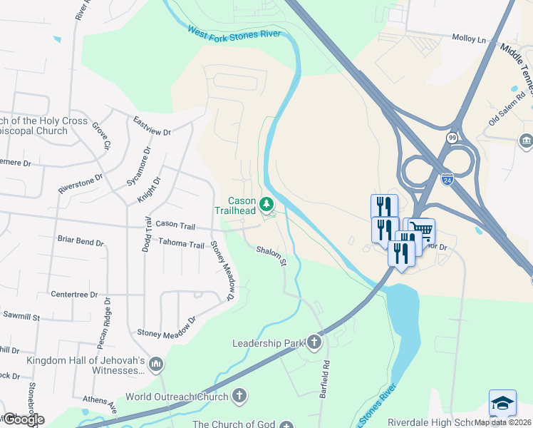 map of restaurants, bars, coffee shops, grocery stores, and more near 1100 Cason Trail in Murfreesboro