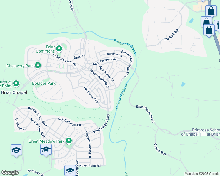 map of restaurants, bars, coffee shops, grocery stores, and more near 43 Bennett Mountain Trace in Chapel Hill