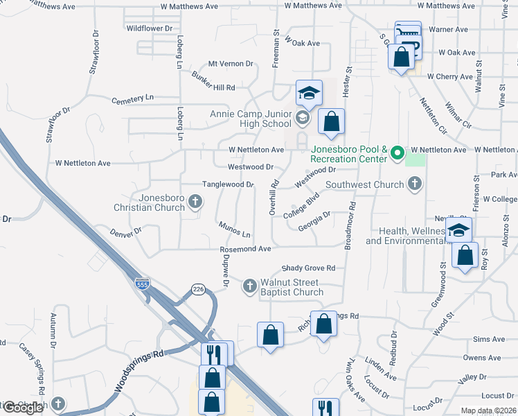 map of restaurants, bars, coffee shops, grocery stores, and more near 1513 Overhill Road in Jonesboro