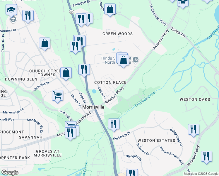 map of restaurants, bars, coffee shops, grocery stores, and more near Liberty Hill Pass in Morrisville