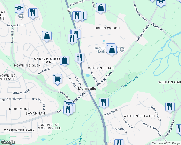 map of restaurants, bars, coffee shops, grocery stores, and more near 117 Cotton Square Lane in Morrisville